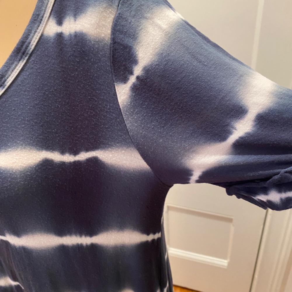 Miracle Berry Navy White Tie Dye Maxi Dress V Neck Short Sleeve Casual Flowy - Picture 4 of 13